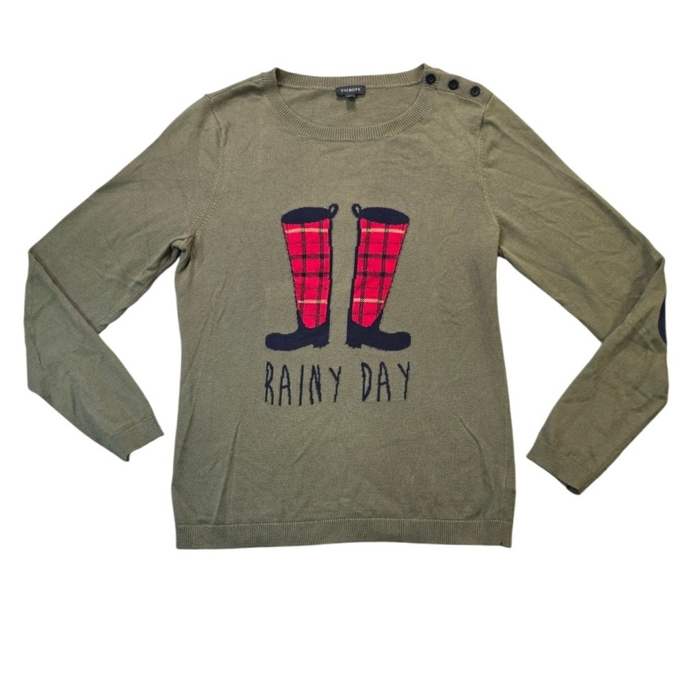 Talbots Rainy Day Boots Novelty Preppy Sweater Olive Women's M
